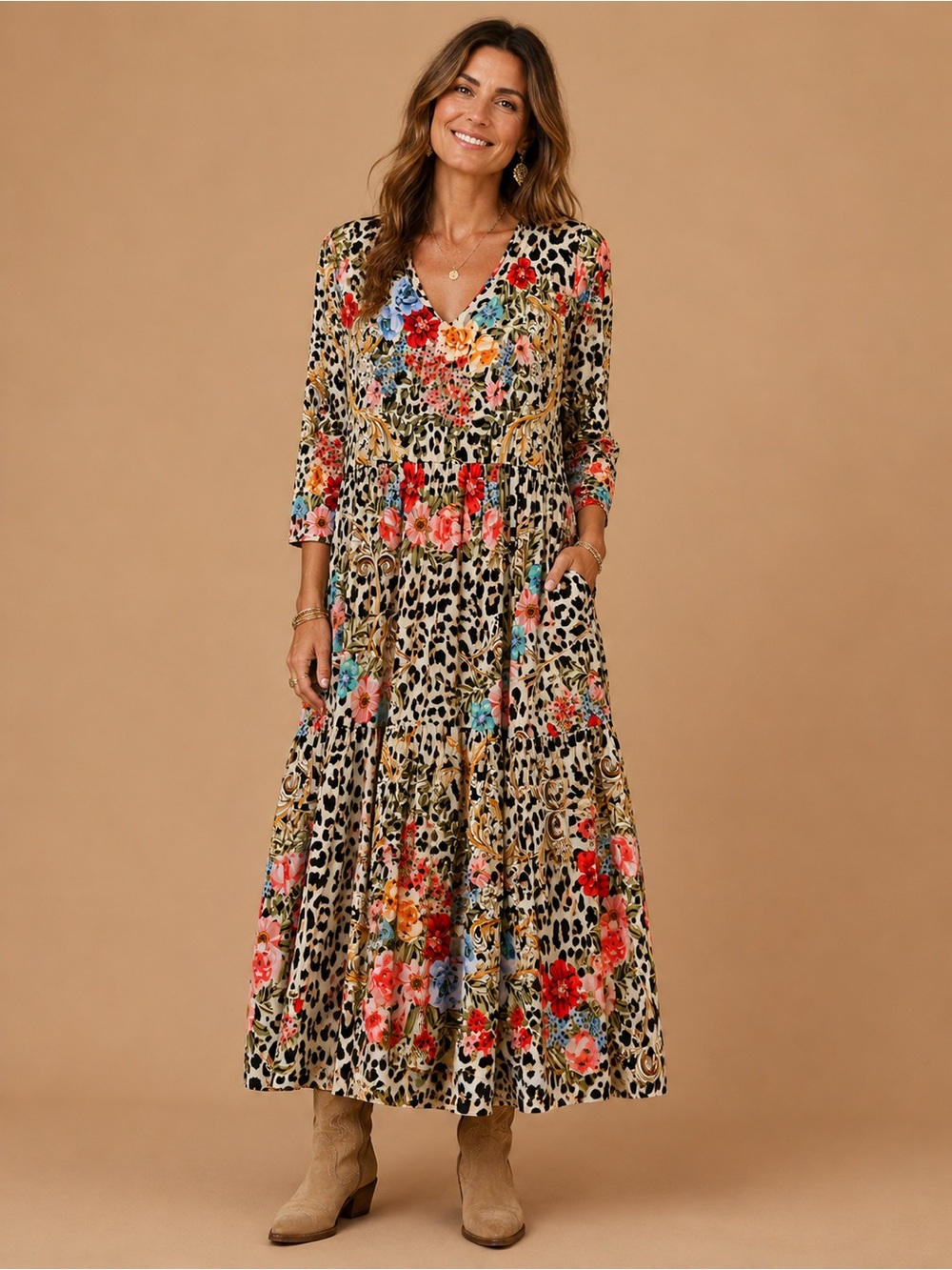 Johnny Was Leopard Floral Multi Tiered Maxi Dress
